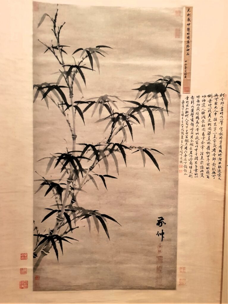 Hanging scroll monochrome ink painting of bamboo stems and leaves by Yuan dynasty artist Ke Jiusi, as seen exhibited in the Shanghai Gallery in May 2019