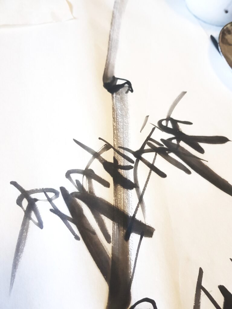 Bamboo stem and leaves painted in Chinese black ink onto Xuan paper