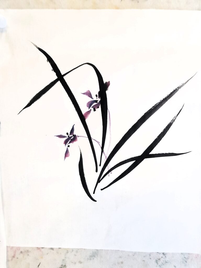 A Chinese brush painting of an orchid, the leaves painted in black ink and the flowers painted in mauve watercolour paint