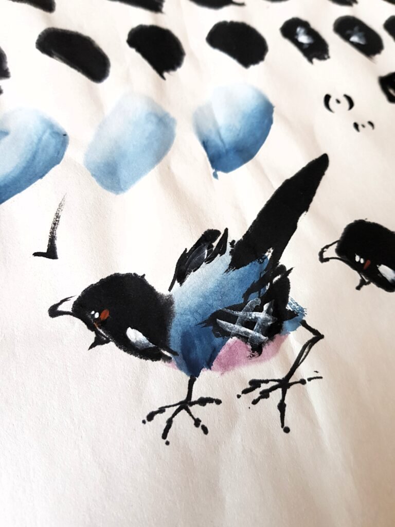 A Chinese brush painting of a small bird in black ink, with blue body and pink underbelly. There is a tick painted in black ink above the beak of the bird