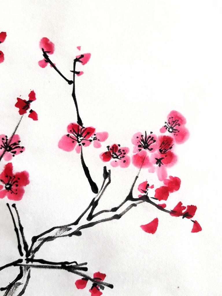 Branches painted in black ink with red blossoms