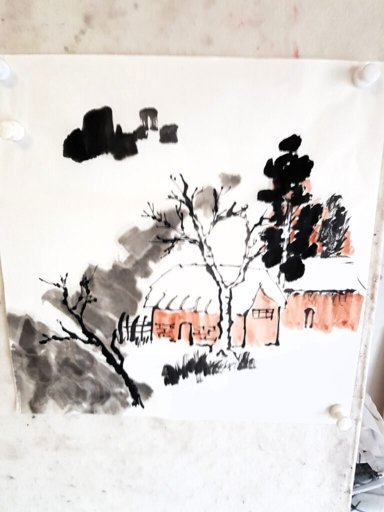 A snow scene with cottage and trees painted using Chinese brush and ink with Chinese watercolour