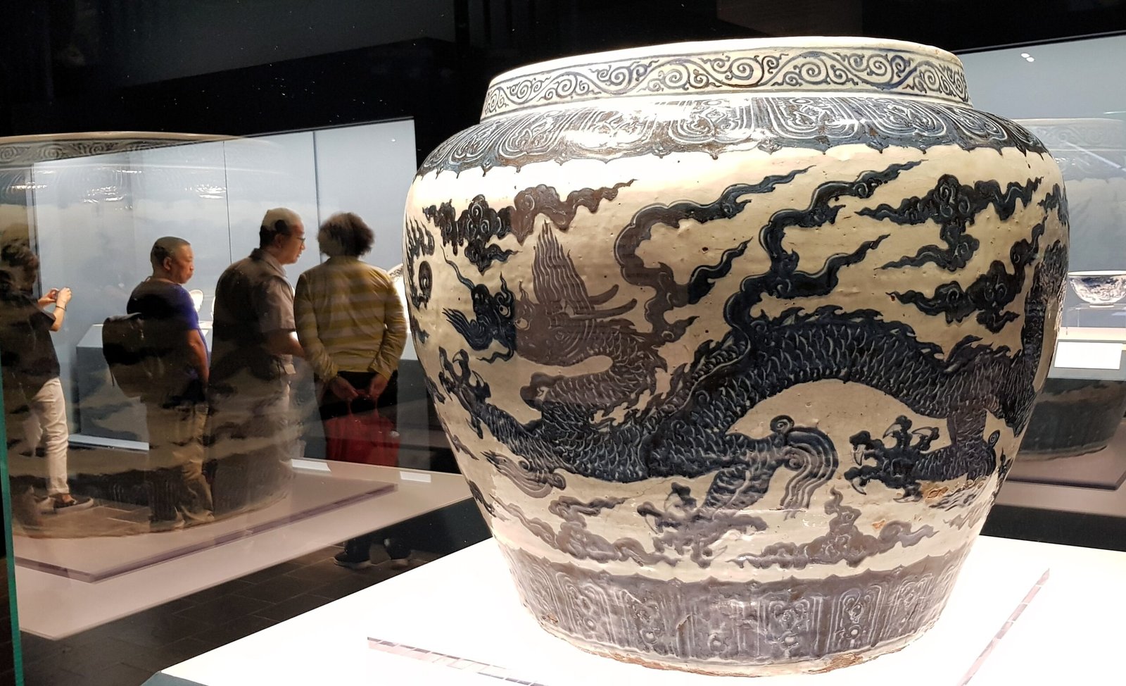 A Ming dynasty blue and white porcelain vat depicting dragons and clouds, produced during the Zhengtong reign (1436 - 1449 CE), on display at Shanghai Museum May 2019