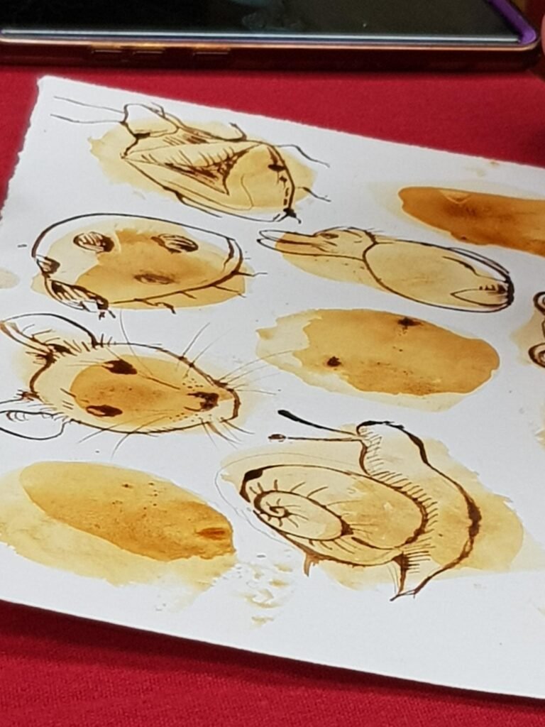 Art workshop in progress; painting animals with tea bags; creative health; cancer support Dorset
