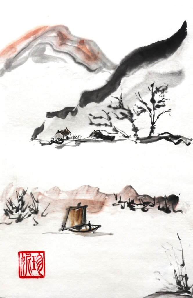 A Chinese brus painting with a small boat and a red-printed signature chop (bottom left) in the foreground. The boat is sailing around a promontory to reach a house on a promontory in the middle-distance. In the far distance the painting evokes mountains