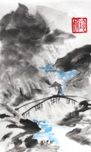 Asian-style ink painting of a bridge in the foreground and a small man holding an umbrella as he crosses the bridge, with swirling rain and dark clouds