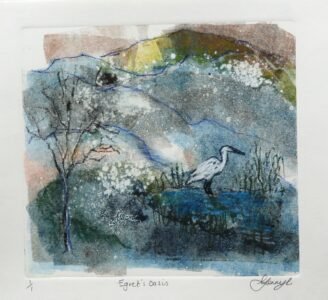 Original monoprint of an egret standing in water; semi-abstract landscape