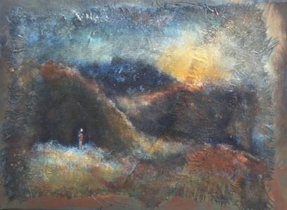 Textured oil painting of a solitary man looking towards the sun that is setting behind mountains