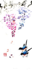 Asian-style painting of two wisteria racines hanging over two small birds below looking at the falling petals; red artist's signature chop in bottom left corner