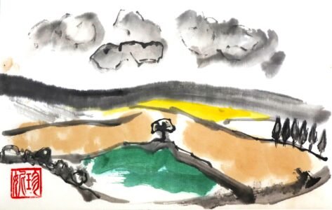 Asian-style painted landscape using tea, Chinese ink and Chinese watercolours, inspired by a local Dorset scene; solitary tree in the middle-ground, fields lined with some trees, clouds in the sky, red artist's signature chop in bottom left corner