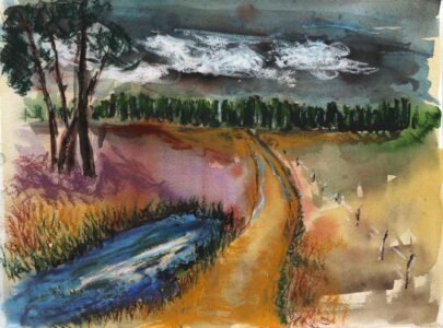 A watercolour painted landscape embellished with pastels, a group of trees on the left behind a small pond, a track leading to the dense pine forest on the horizon