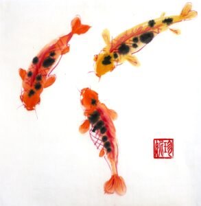 Chinese style painting of two orange and one yellow koi carp swimming towards each other; red artist's signature chop positioned in the bottom right corner