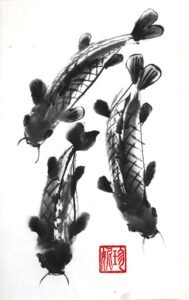 Chinese ink painting of three koi carp swimming in the same direction, with red artist's chop printed bottom centre