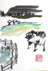 Chinese painting of a Dorset view of Hambledon Hill with derelict barn and wooden clench fencing in the foreground