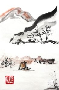 A Chinese brus painting with a small boat and a red-printed signature chop (bottom left) in the foreground. The boat is sailing around a promontory to reach a house on a promontory in the middle-distance. In the far distance the painting evokes mountains