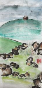 Painting in Chinese style of a small hut on a hill in the distance with rocks and coarse grass in the foreground