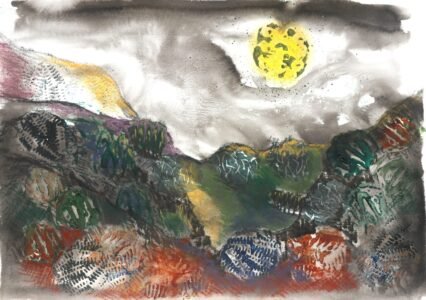 Landscape painting with a textural printed area in the foreground, a mountainous skyline and sun in a clouded sky