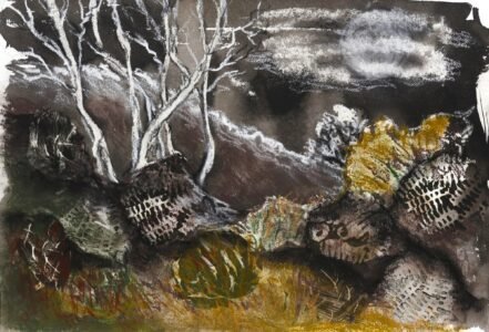 A fictitious painting of moonlit birch trees surrounded by textural boulders in muted palette of black, grey, yellow ochre and olive green