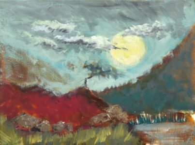 Oil painting of a twisted solitary mountain tree with heather growing around its base, mountain rising in the background and pale sun reflecting on a small loch in the bottom right corner