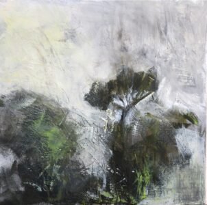 Textural acrylic painting with misty white areas dominating, one solitary tree visible in the foreground with hints of green showing through the mist in the foreground