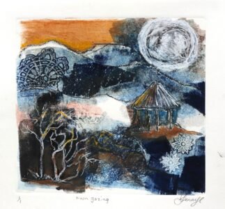 A fictitious printed landscape with oil pastel embellishment, featuring a moon in the top right corner, beneath the moon is a sole person standing in a pavilion, in the foreground are some trees; semi-abstract design