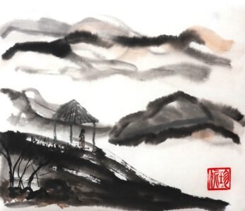 A man in a pavilion in the foreground and mountains in the background, a Chinese ink painting in a loose style, black ink and a hint of orange. There is a square red printed chop signature in the bottom right corner