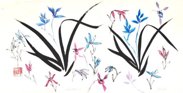 Chinese ink sketches of randomly-placed orchid flowers in blues, pinks and purples, with two main orchid leaf compositions painted in black