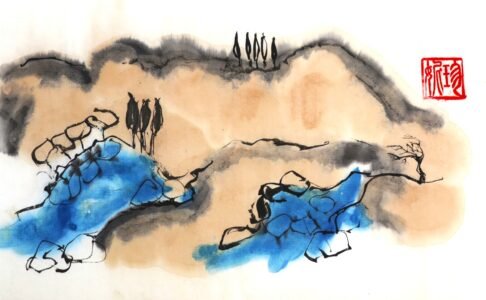 Painting of a mountainous landscape in tea with details embellished in Chinese ink and watercolour