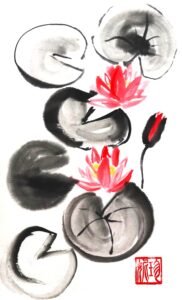 Painting in black Chinese ink of pond lily pads, two pink flowers in bloom and one bud about to open