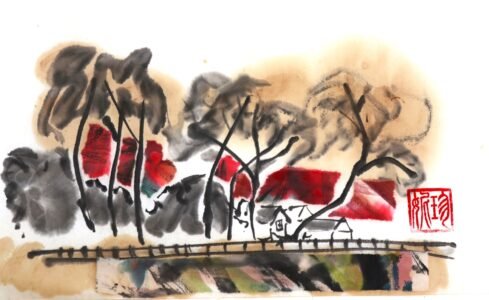 A painting of a line of poplar trees in black ink with tea bag staining in the background and several collaged pieces of red-painted Xuan paper collaged amongst the tree trunks