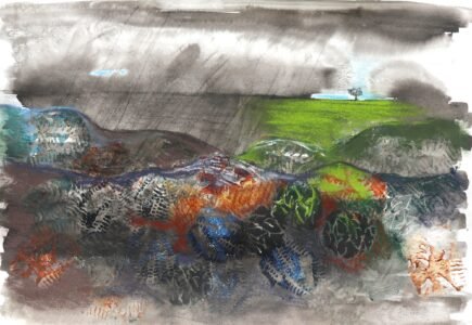 A fictitious landscape painting with textural marks printed onto the foreground with oil paint, embellished with Chinese ink and pastels