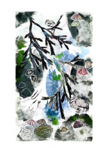 A monoprint of a rock pool with seaweed fronts, limpets on rocks and a small crab. Inspired by the rock pools on Charmouth Beach, Dorset