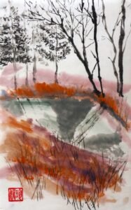 A painting with autumnal rust and pink in the foreground, the pond in the middle-ground and a group of birch and pine trees clustered in the background