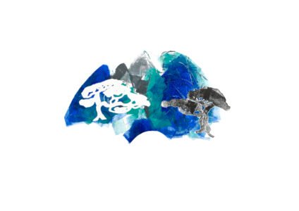 An original print in blues and greens, featuring the silhouette of a fan and several penjing (bonsai) trees. Semi-abstract design.