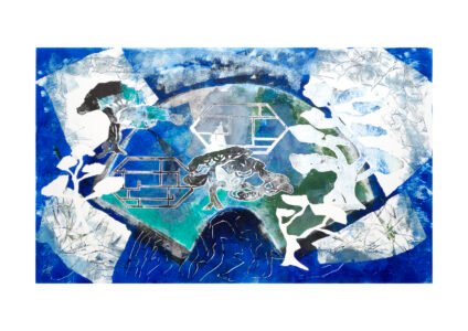 An original print in blues and greens, featuring the silhouette of a fan and several penjing (bonsai) trees. Semi-abstract design.