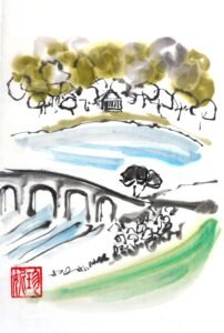 A stone bridge in the foreground painted in black Chinese ink, the lake in the middle-ground painted in blue, and the pavilion surrounded by trees in the background