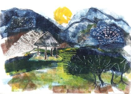 A fictitious printed landscape with mountain skyline, setting sun, a pavilion with man inside and some trees in the foreground; the colours are sombre blues and browns with highlights of yellow