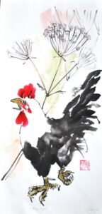 A painting of a black and white rooster in the foreground with one foot raised. In the background is a stem of cow parsley and a soft green wash